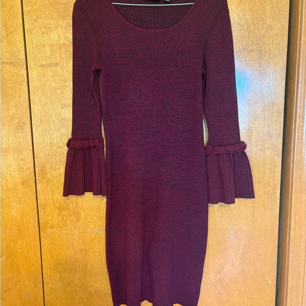 Nina Leonard Wine Ribbed‎ Knit Bell Sleeve Sweater Dress Size S